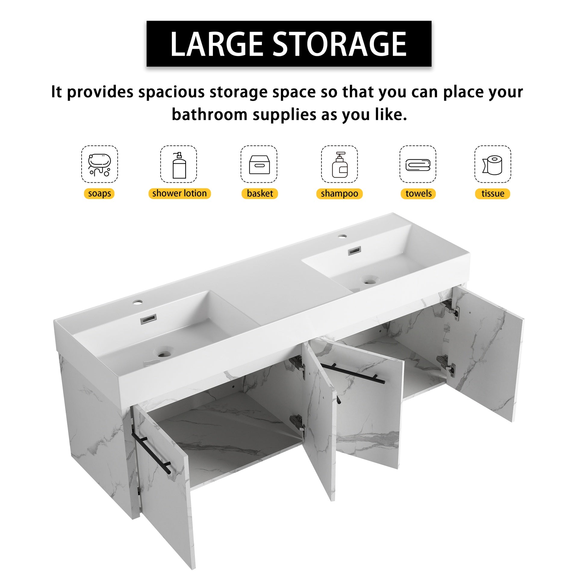 60 Inch Wall-Mounted Bathroom Vanity with Sink, Thick Edged Double Resin Sink, KD-Package