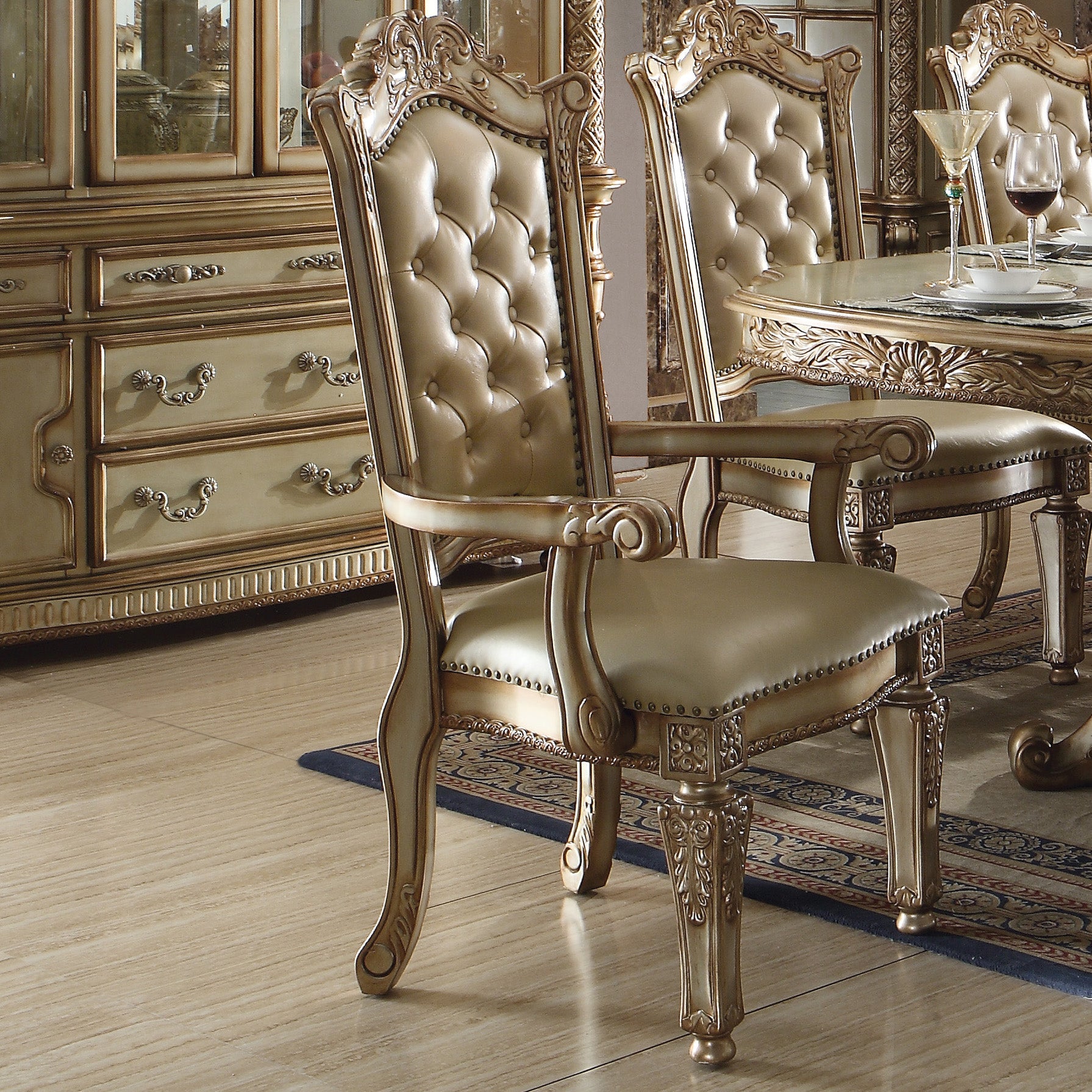Bone and Gold Patina Arm Chair with Tufted Back (Set of 2)
