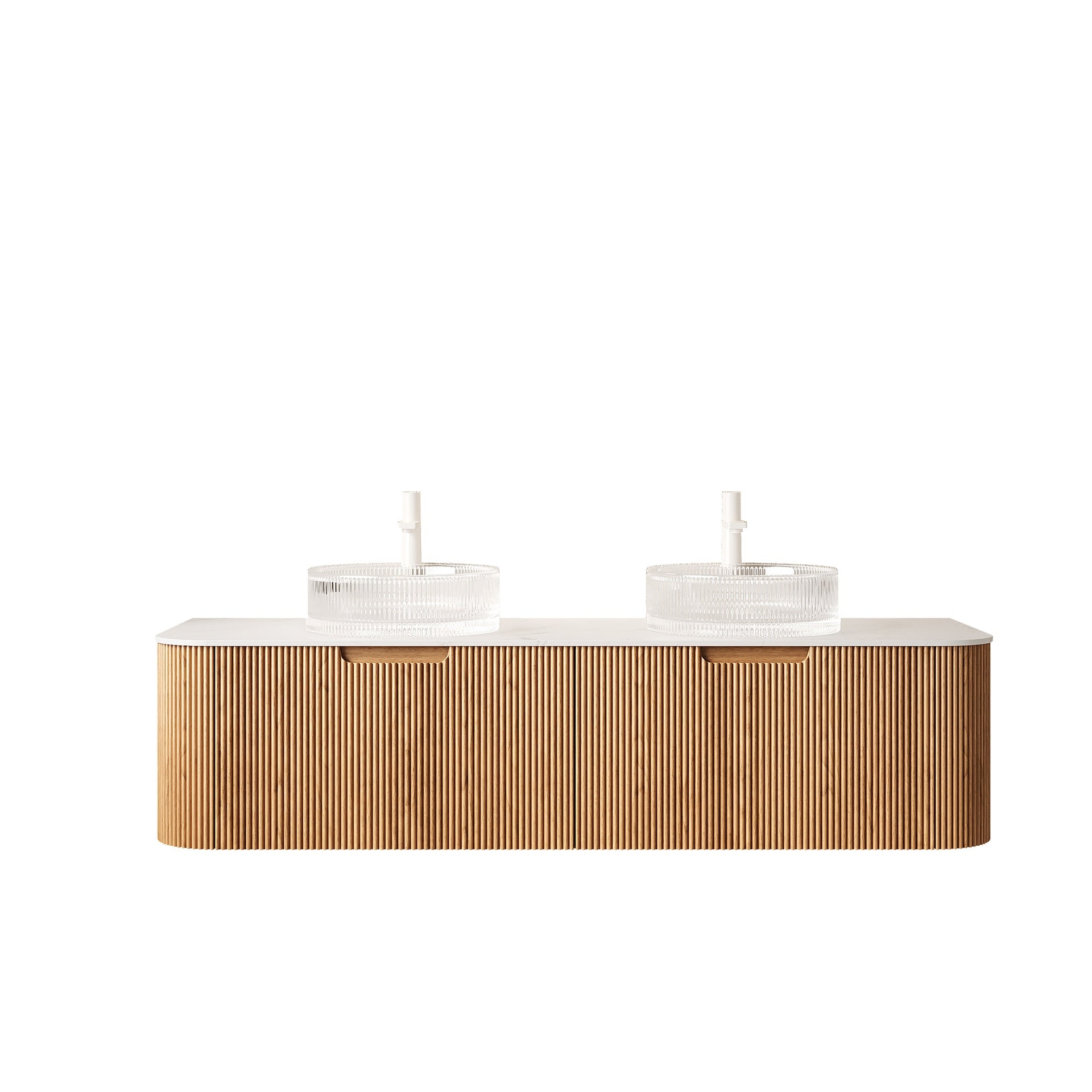 DINA 60" Bathroom Vanity with Sinks, Wall-Mounted Floating Curved Edges Striped Storage Cabinet with 2 Drawers, 2 Transparent Round Glass Basins and Countertop, Pre-assembled, Natural Woodgrain Color