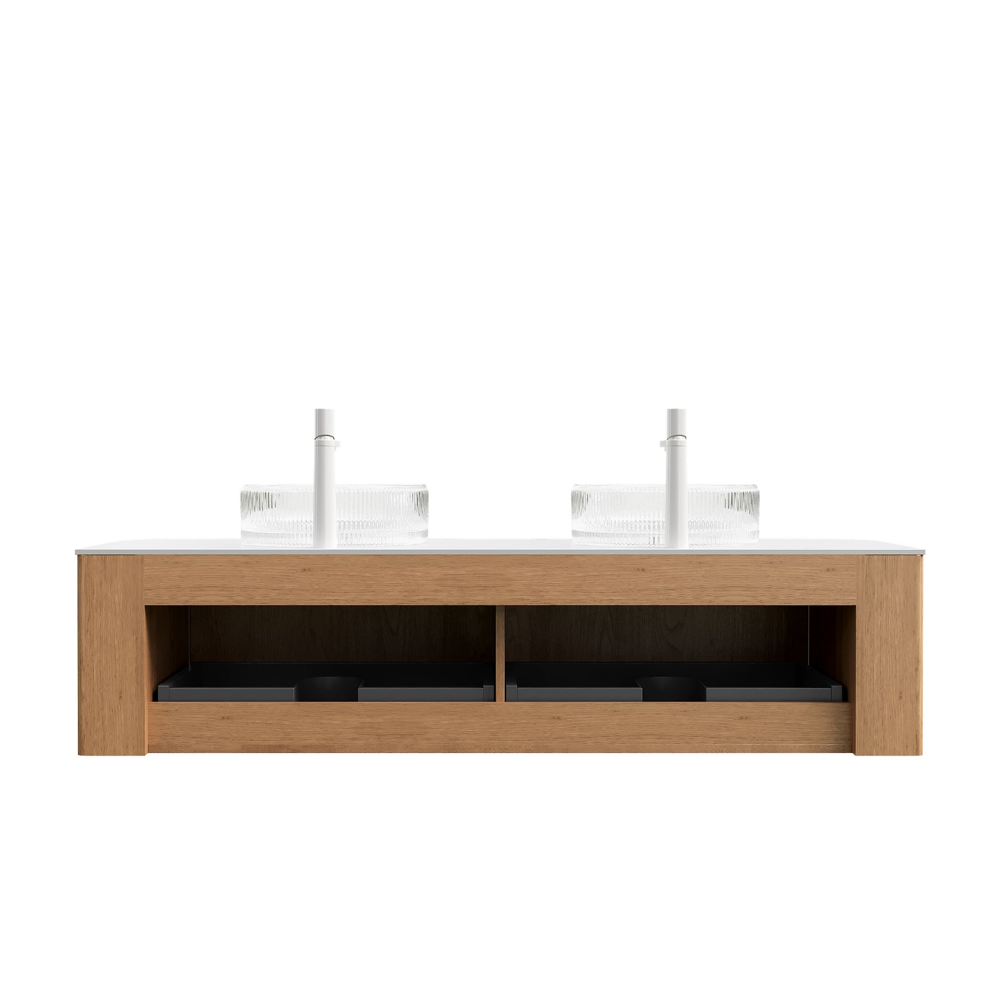 DINA 60" Bathroom Vanity with Sinks, Wall-Mounted Floating Curved Edges Striped Storage Cabinet with 2 Drawers, 2 Transparent Round Glass Basins and Countertop, Pre-assembled, Natural Woodgrain Color