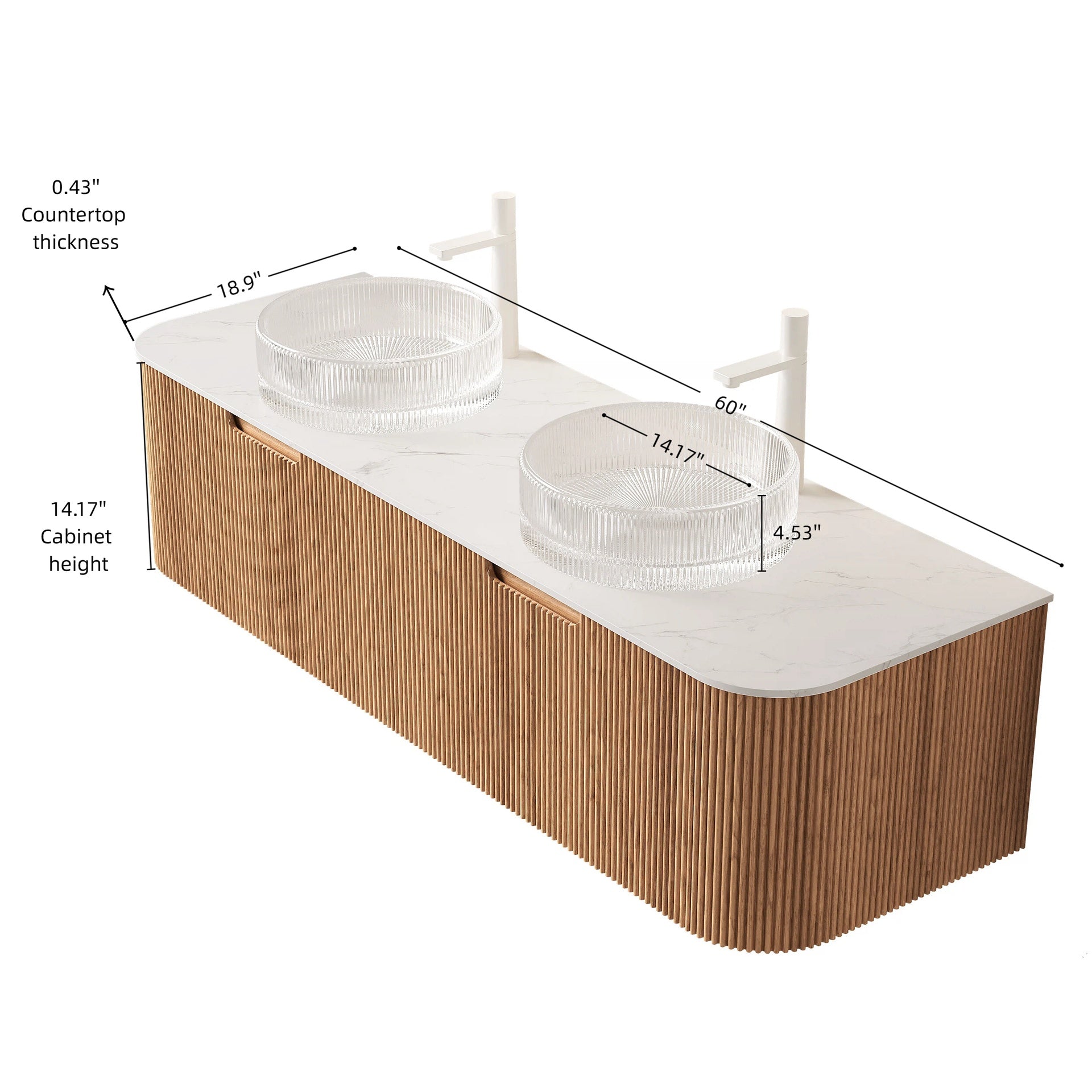 DINA 60" Bathroom Vanity with Sinks, Wall-Mounted Floating Curved Edges Striped Storage Cabinet with 2 Drawers, 2 Transparent Round Glass Basins and Countertop, Pre-assembled, Natural Woodgrain Color
