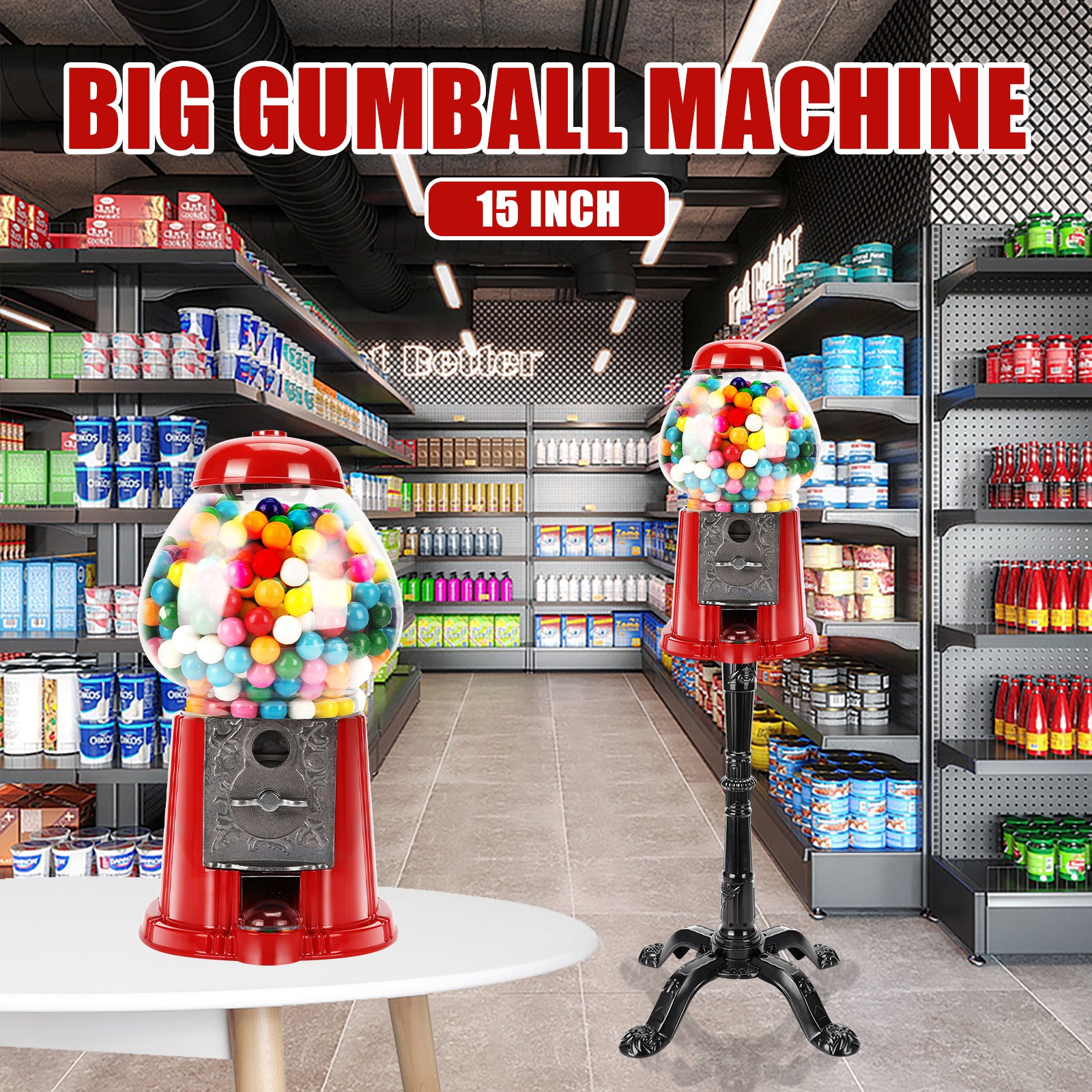15 Inch Commercial Red Big Gumball Machine With Stand Key-Operated Uncharged Candy Dispenser Machine Bubble Gum Machine Coin Operated Metal Candy Machine Halloween Christmas Fun Party Gift XH
