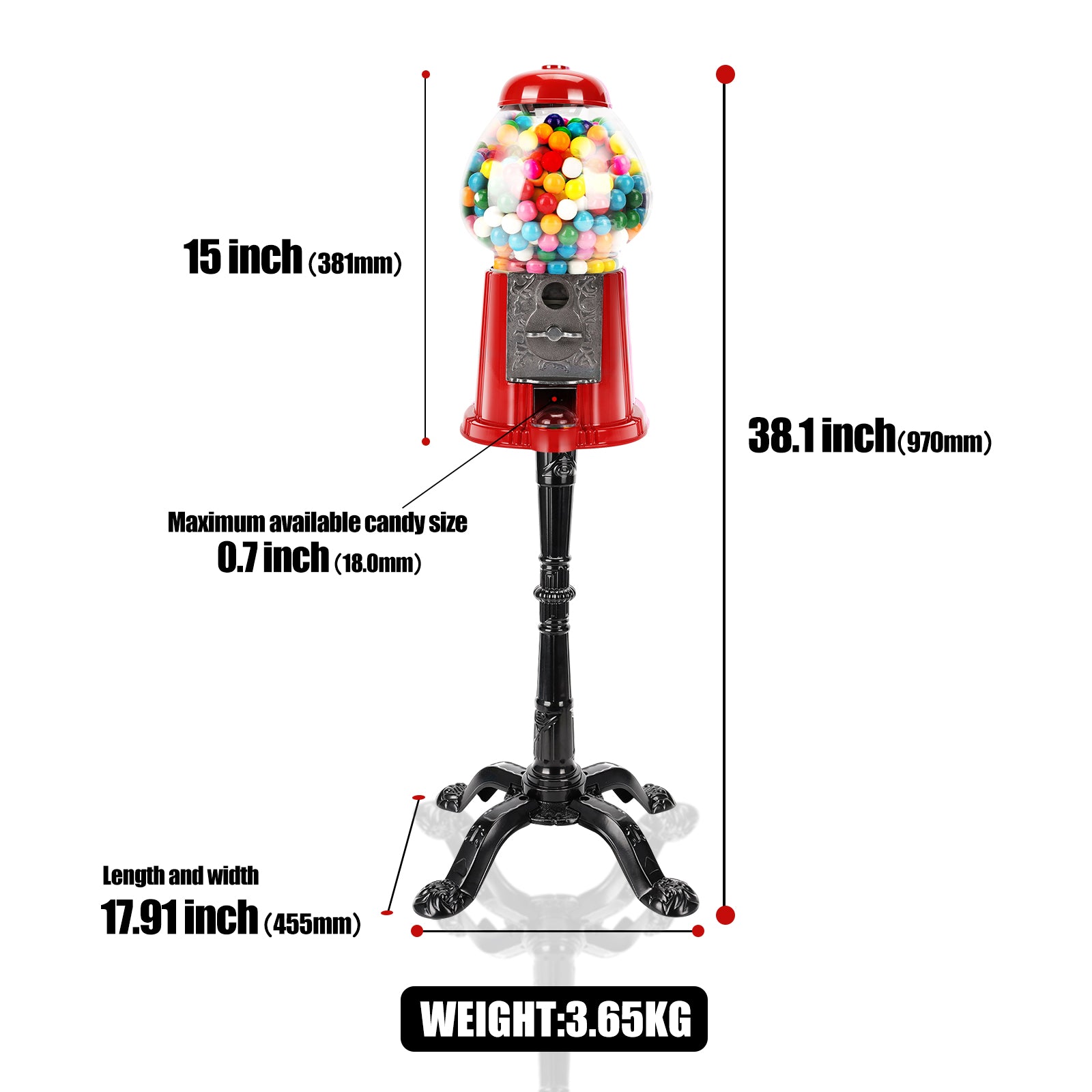 15 Inch Commercial Red Big Gumball Machine With Stand Key-Operated Uncharged Candy Dispenser Machine Bubble Gum Machine Coin Operated Metal Candy Machine Halloween Christmas Fun Party Gift XH