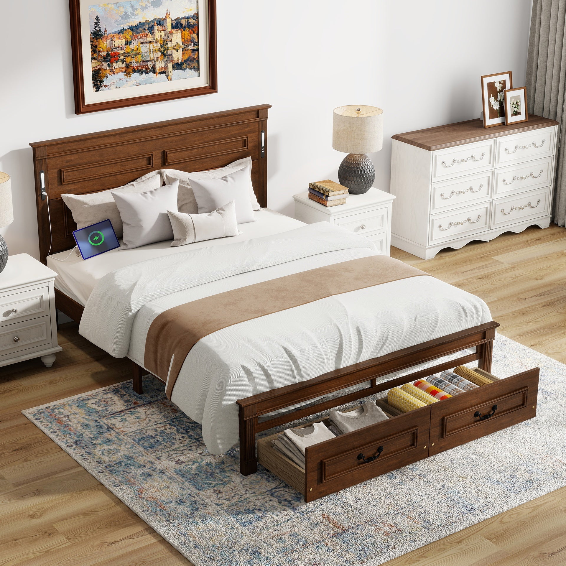 Queen Size Bed with Tall-Panel Headboard & Footboard, 2 Storage Drawers, Built-in LED Lights, USB Charging Station, Pinewood Bed with Strengthened Bed Frame,Walnut