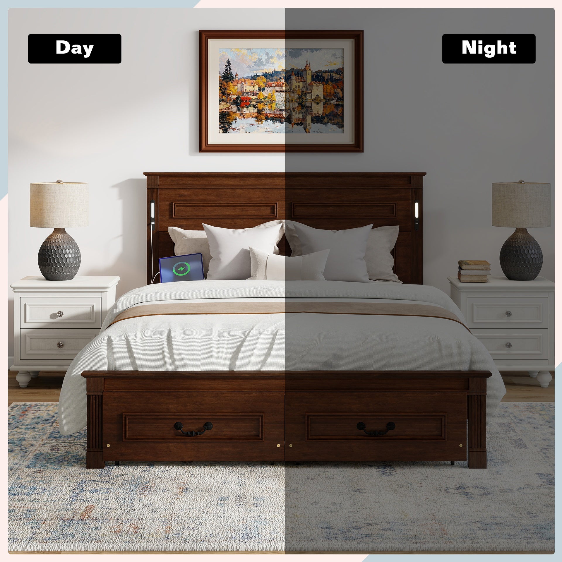 Queen Size Bed with Tall-Panel Headboard & Footboard, 2 Storage Drawers, Built-in LED Lights, USB Charging Station, Pinewood Bed with Strengthened Bed Frame,Walnut