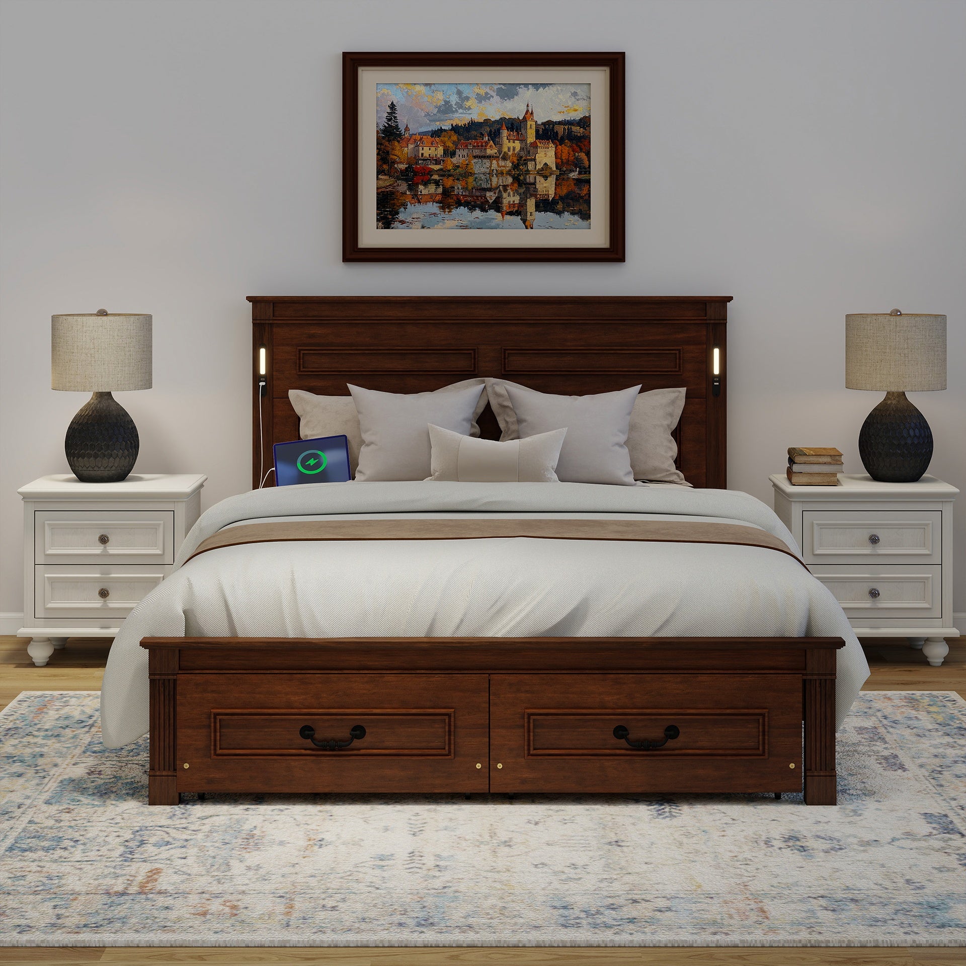 Queen Size Bed with Tall-Panel Headboard & Footboard, 2 Storage Drawers, Built-in LED Lights, USB Charging Station, Pinewood Bed with Strengthened Bed Frame,Walnut
