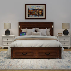 Queen Size Bed with Tall-Panel Headboard & Footboard, 2 Storage Drawers, Built-in LED Lights, USB Charging Station, Pinewood Bed with Strengthened Bed Frame,Walnut