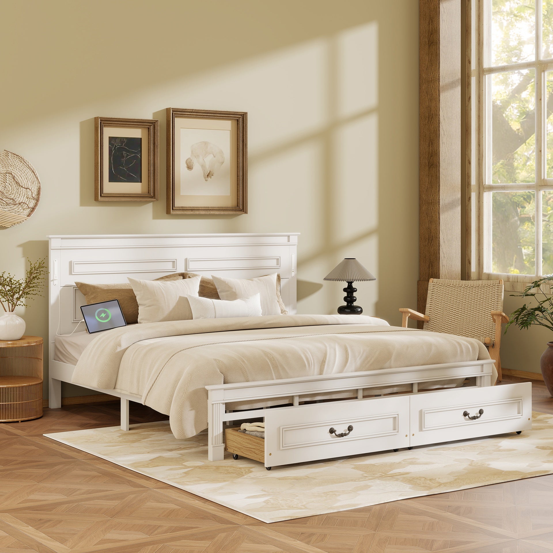 King Size Bed with Tall-Panel Headboard & Footboard, 2 Storage Drawers, Built-in LED Lights, USB Charging Station, Pinewood Bed with Strengthened Bed Frame ,White