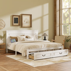 King Size Bed with Tall-Panel Headboard & Footboard, 2 Storage Drawers, Built-in LED Lights, USB Charging Station, Pinewood Bed with Strengthened Bed Frame ,White