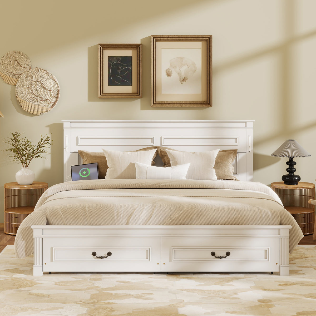 King Size Bed with Tall-Panel Headboard & Footboard, 2 Storage Drawers, Built-in LED Lights, USB Charging Station, Pinewood Bed with Strengthened Bed Frame ,White