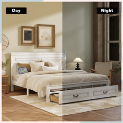 King Size Bed with Tall-Panel Headboard & Footboard, 2 Storage Drawers, Built-in LED Lights, USB Charging Station, Pinewood Bed with Strengthened Bed Frame ,White