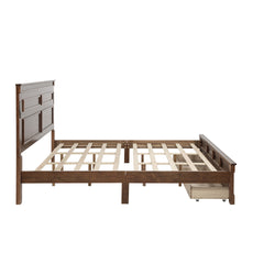 King Size Bed with Tall-Panel Headboard & Footboard, 2 Storage Drawers, Built-in LED Lights, USB Charging Station, Pinewood Bed with Strengthened Bed Frame ,Walnut
