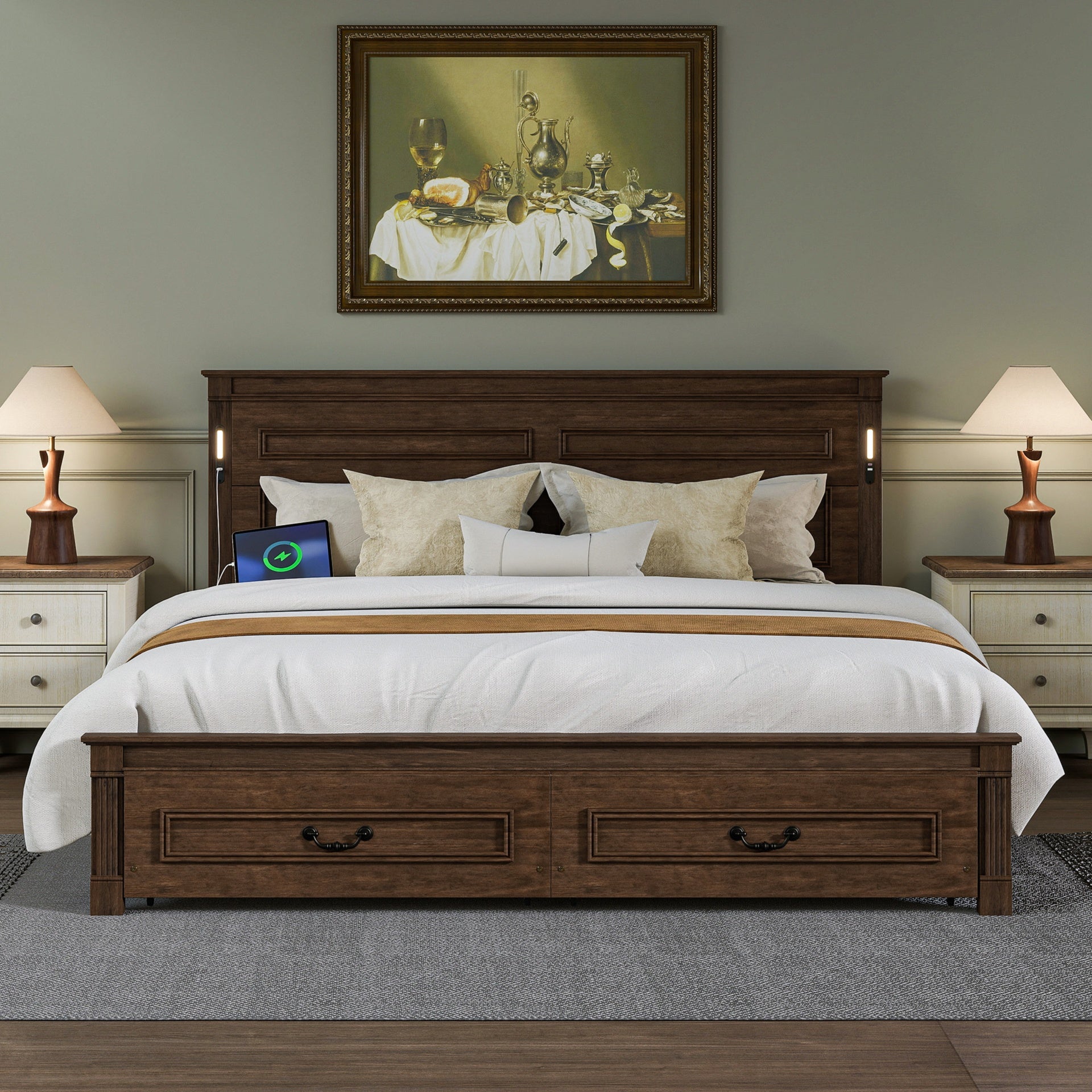 King Size Bed with Tall-Panel Headboard & Footboard, 2 Storage Drawers, Built-in LED Lights, USB Charging Station, Pinewood Bed with Strengthened Bed Frame ,Walnut