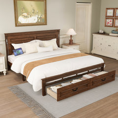 King Size Bed with Tall-Panel Headboard & Footboard, 2 Storage Drawers, Built-in LED Lights, USB Charging Station, Pinewood Bed with Strengthened Bed Frame ,Walnut