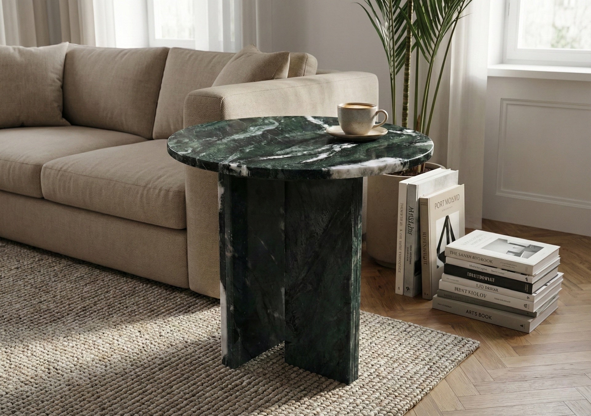 Green natural marble coffee table, small table, living room table, natural stone, Ø17.7 h15.8 Inch/Ø45 h40 cm, genuine marble, real marble