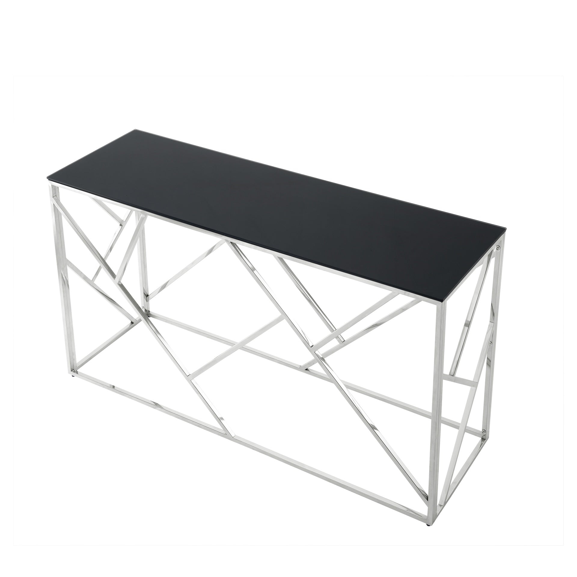 Modern Glass Console Table, 55" Gold Sofa Table with Sturdy Metal Frame and Black Tempered Glass Top, for Living Room Entryway Bedroom, Chrome Finish