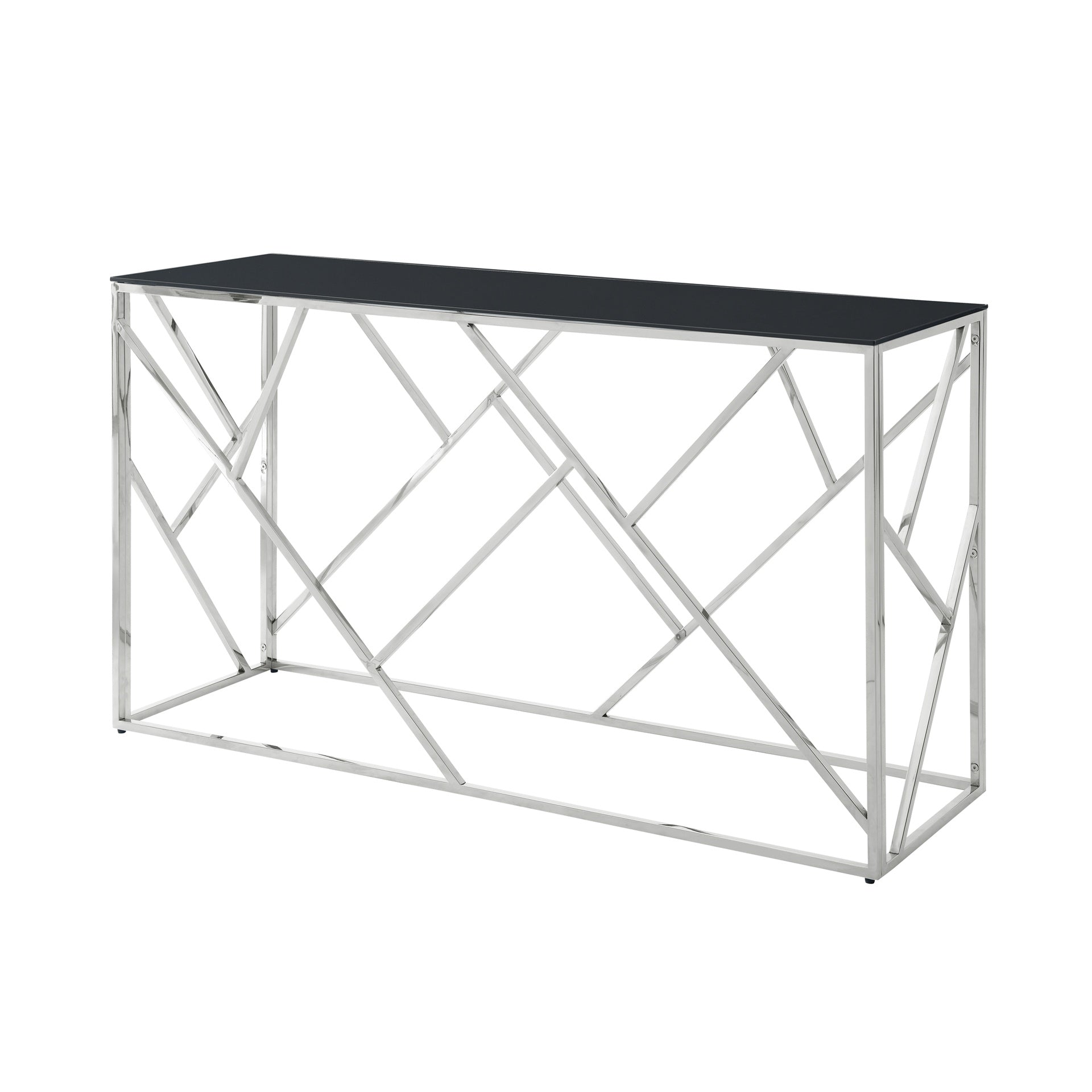 Modern Glass Console Table, 55" Gold Sofa Table with Sturdy Metal Frame and Black Tempered Glass Top, for Living Room Entryway Bedroom, Chrome Finish
