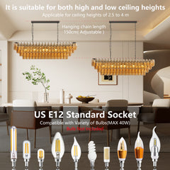 54" Black Rectangular Chandeliers for Dining Room, 12-Light 4 Tiered Large Smoke Glass Chandelier, Modern Kitchen Island Farmhouse Hanging Light Fixture for Living Room Foyer(Bulb not included)