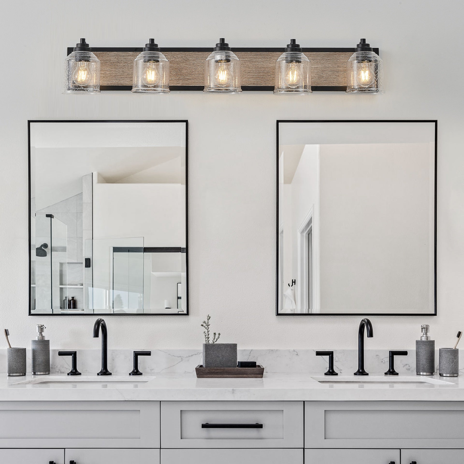 40" Farmhouse Vanity Light Fixture, 5-Light Bathroom Wall Sconce with Clear Seeded Glass Shades, Black and Wood Grain Finish, Modern Industrial Design for Bathroom or Powder Room (No Bulbs)