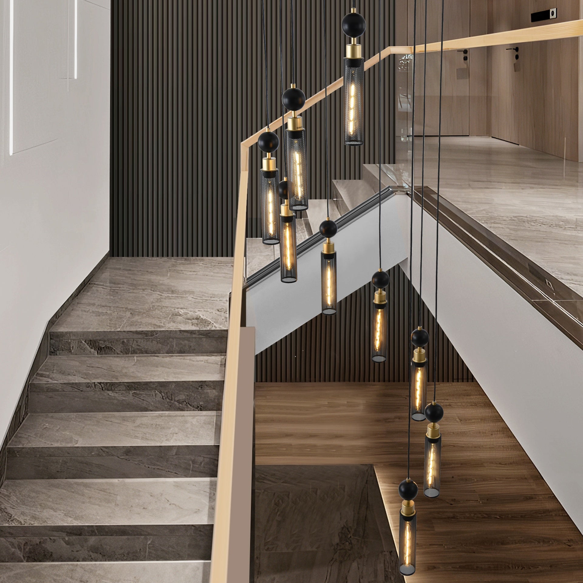 24" Modern Industrial Multi-Light Pendant Chandelier - 9-Light Black and Gold Adjustable Ceiling Light Fixture with Mesh Cylinder Shades for Living Room, Dining Room, or Staircase (Bulb Not Included)