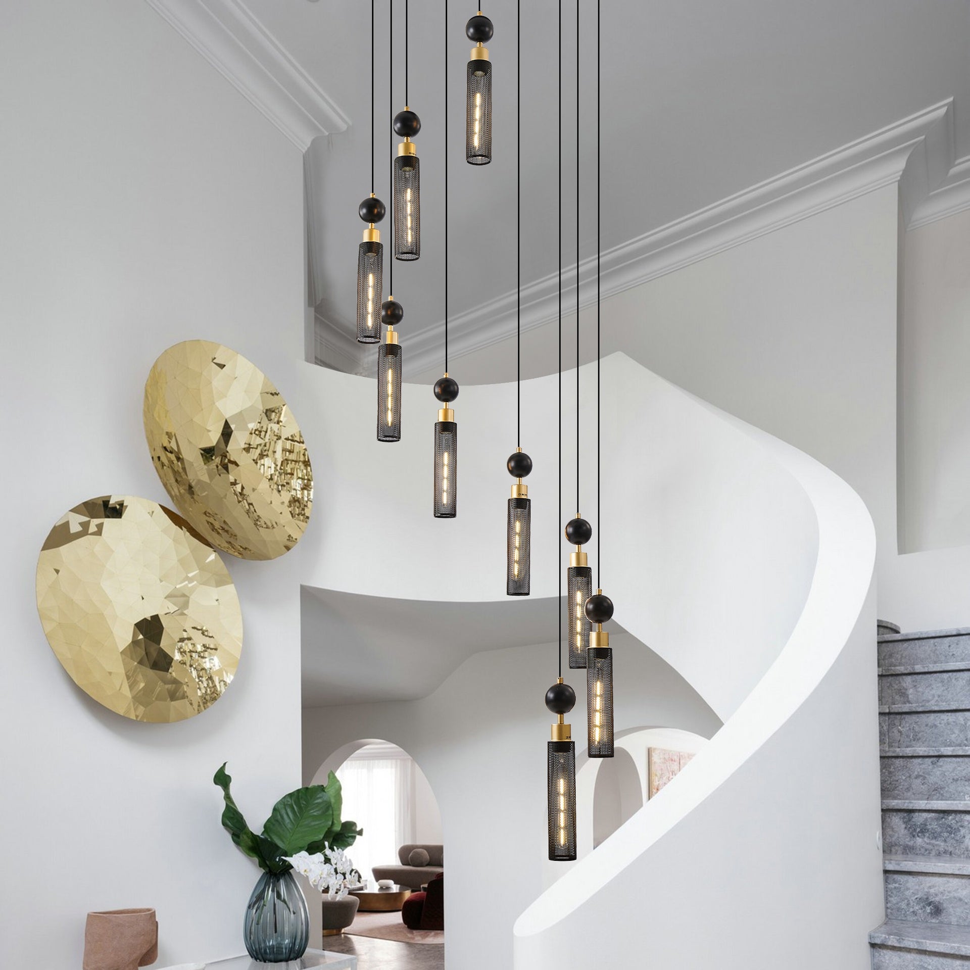 24" Modern Industrial Multi-Light Pendant Chandelier - 9-Light Black and Gold Adjustable Ceiling Light Fixture with Mesh Cylinder Shades for Living Room, Dining Room, or Staircase (Bulb Not Included)