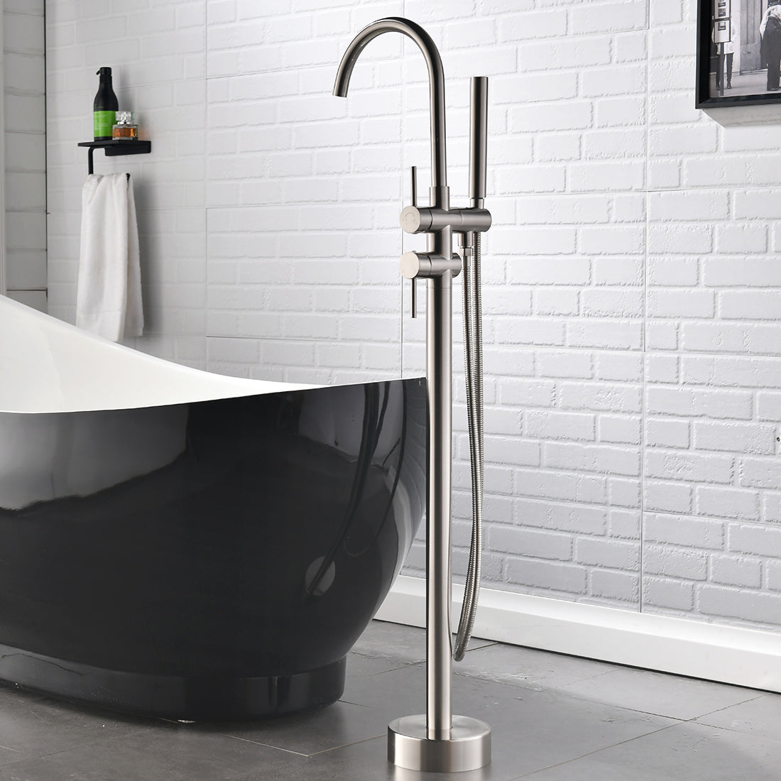 Single Handle Freestanding Tub Filler Floor Mount Bathtub Faucet with Handheld Shower (Brushed Nickel)