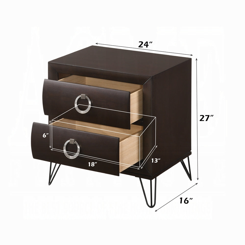 1pc Contemporary Dark Merlot Finish Nightstand with Drawers Metal Legs Bedroom Furniture
