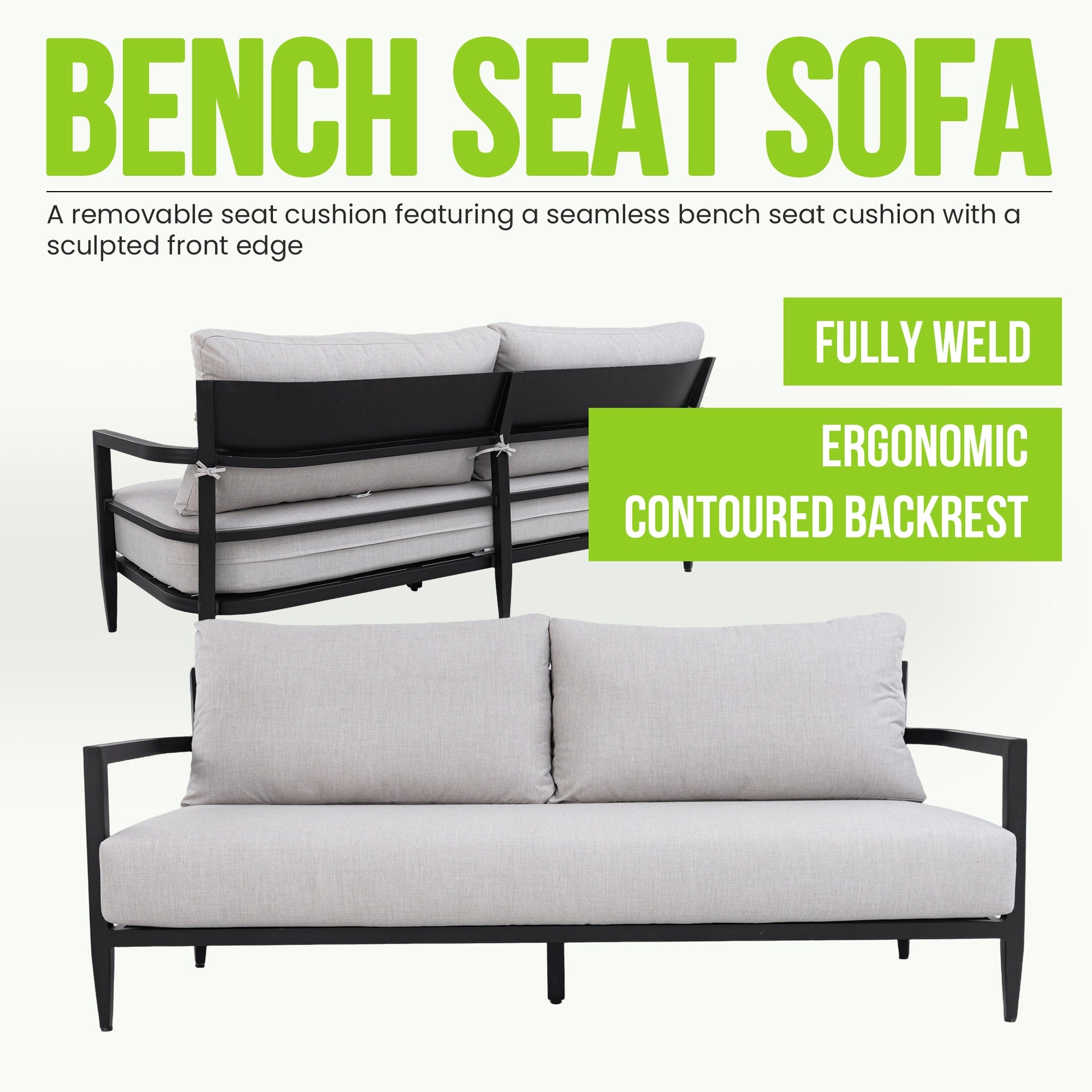 6PC Outdoor Conversation Set with Fully Weld 360° Swivel Club Chairs,Luxurious Bench Seat Sofa,Marble-Inspired Sintered Stone Coffee Table & Side Table,Rust-Free Aluminum Frame & Sunbrella Cushions