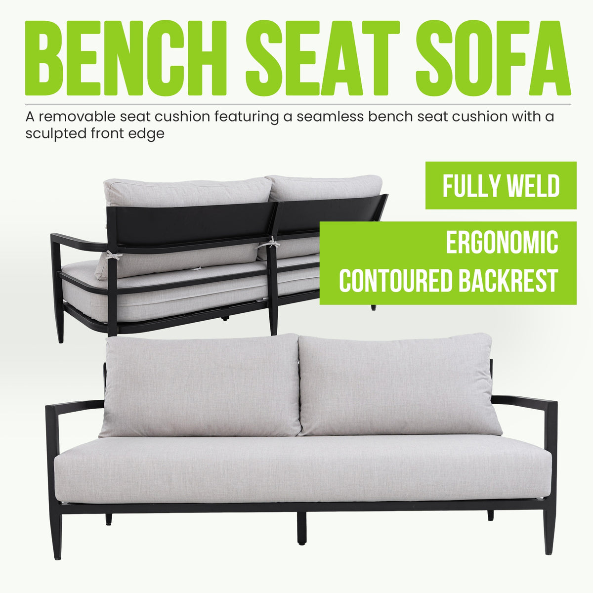 6PC Outdoor Conversation Set with Fully Weld 360° Swivel Club Chairs,Luxurious Bench Seat Sofa,Marble-Inspired Sintered Stone Coffee Table & Side Table,Rust-Free Aluminum Frame & Sunbrella Cushions