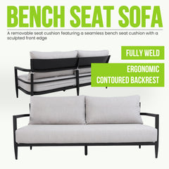 6PC Outdoor Conversation Set with Fully Weld 360° Swivel Club Chairs,Luxurious Bench Seat Sofa,Marble-Inspired Sintered Stone Coffee Table & Side Table,Rust-Free Aluminum Frame & Sunbrella Cushions