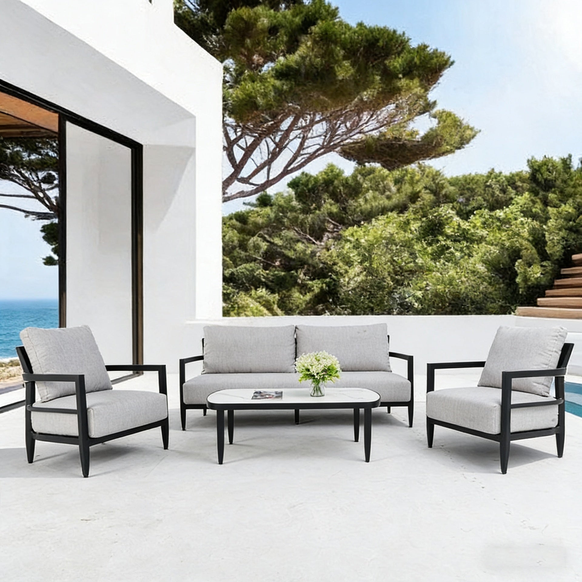 4PC Outdoor Conversation Set with Modern Club Chairs, Luxurious Bench Seat Sofa, Marble-Inspired Sintered Stone Coffee Table, Ember Black Rust-Free Aluminum Frame & Sunbrella Cast Silver Cushions