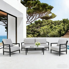 4PC Outdoor Conversation Set with Modern Club Chairs, Luxurious Bench Seat Sofa, Marble-Inspired Sintered Stone Coffee Table, Ember Black Rust-Free Aluminum Frame & Sunbrella Cast Silver Cushions