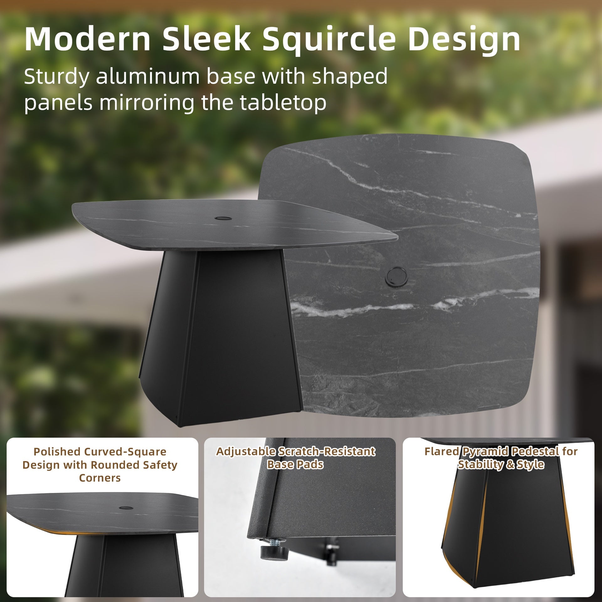 5-Piece Outdoor Pedestal Dining Set, 44" Rounded Square Sintered Stone Table with Flared Base and 4 Swivel Rockers, Sunbrella Cushions, Rust-Free Aluminum, Weather-Resistant, for Patio or Deck