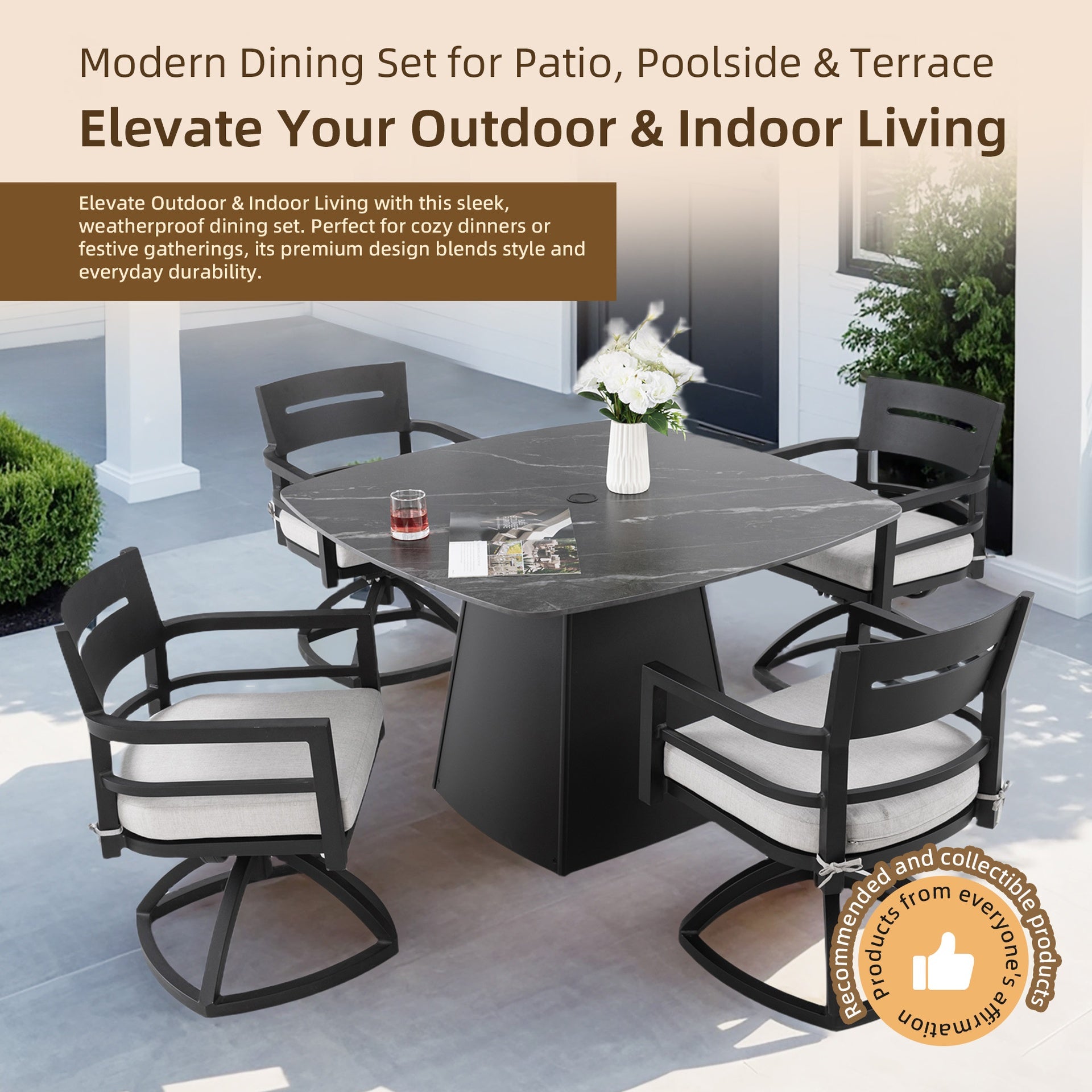 5-Piece Outdoor Pedestal Dining Set, 44" Rounded Square Sintered Stone Table with Flared Base and 4 Swivel Rockers, Sunbrella Cushions, Rust-Free Aluminum, Weather-Resistant, for Patio or Deck