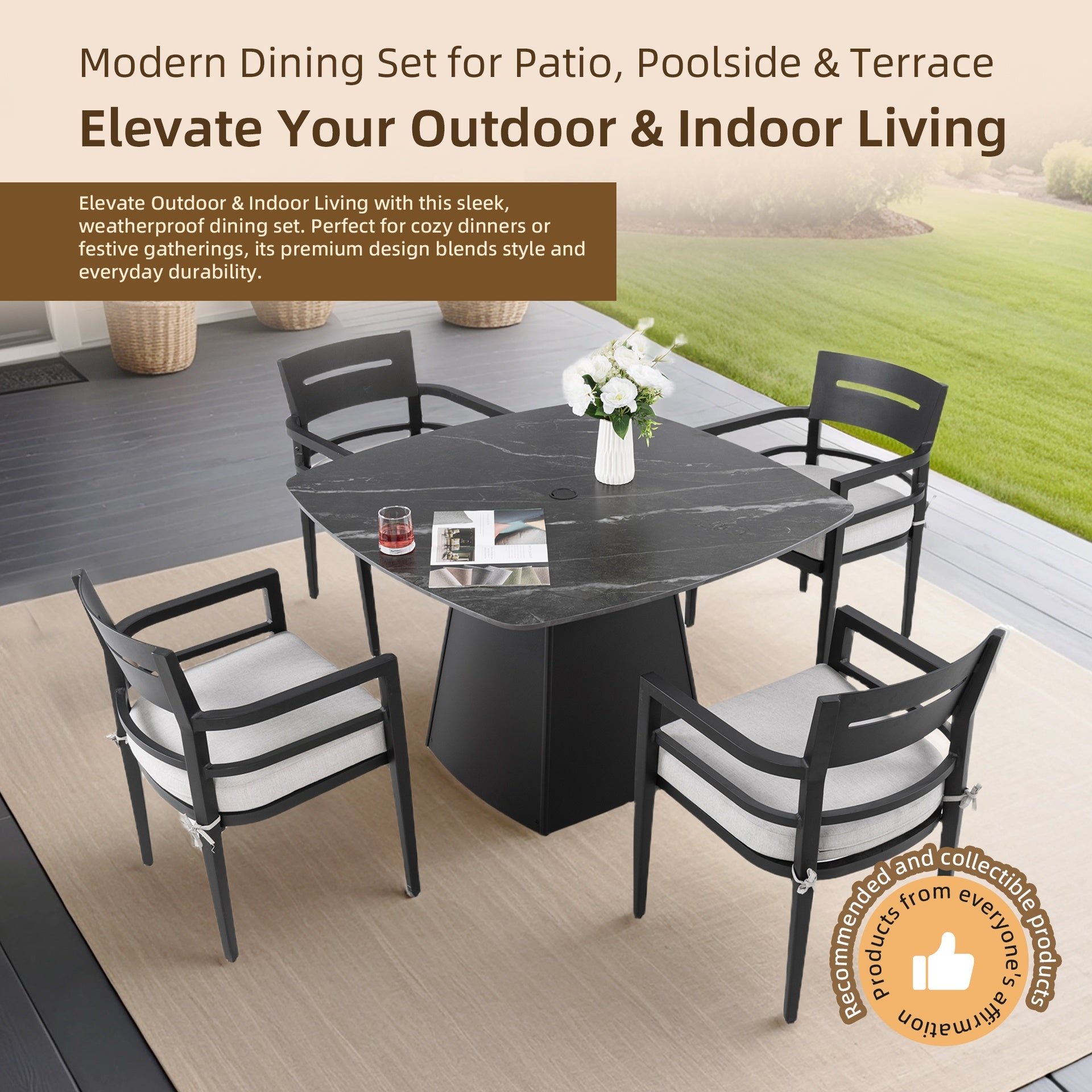 5-Piece Outdoor Pedestal Dining Set, 44" Rounded Square Sintered Stone Table with Flared Base and 4 Armchairs, Sunbrella Cushions, Rust-Free Aluminum, Weather-Resistant, for Patio or Deck