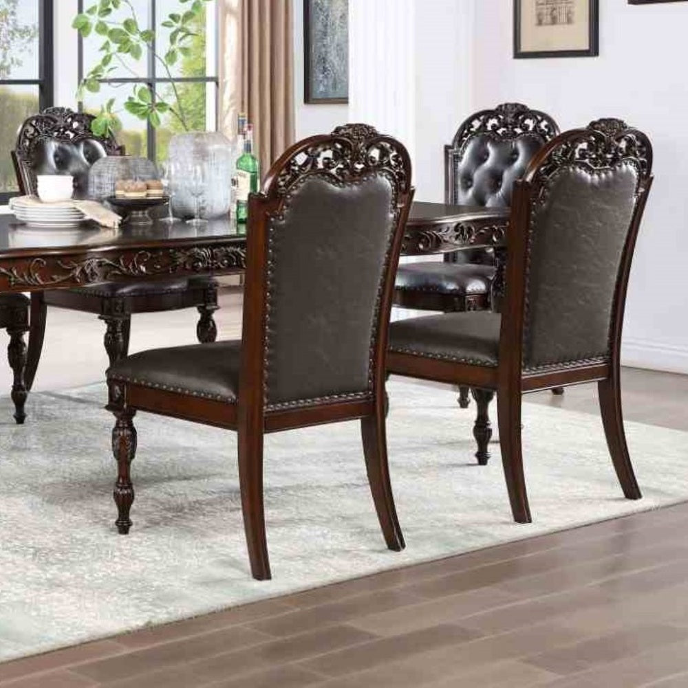 Traditional Style 2pc Side Chair Nailhead Trim Curved Detailed Leatherette Upholstered Brown Cherry And Espresso Finish