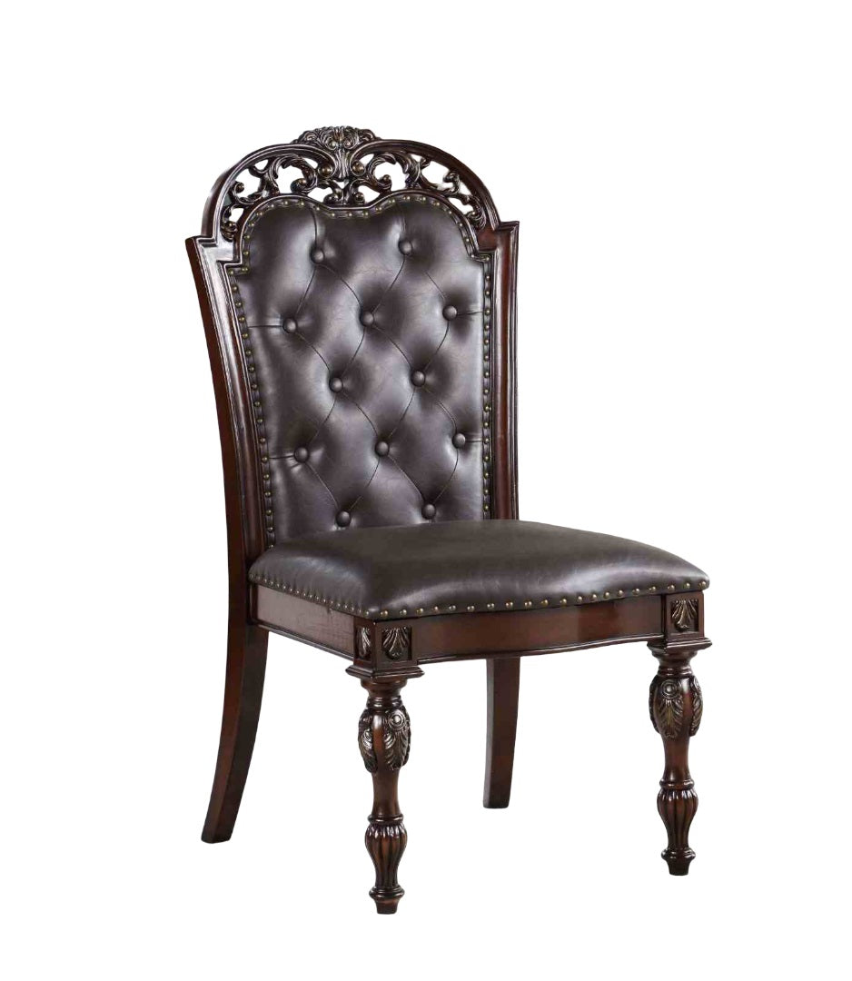 Traditional Style 2pc Side Chair Nailhead Trim Curved Detailed Leatherette Upholstered Brown Cherry And Espresso Finish