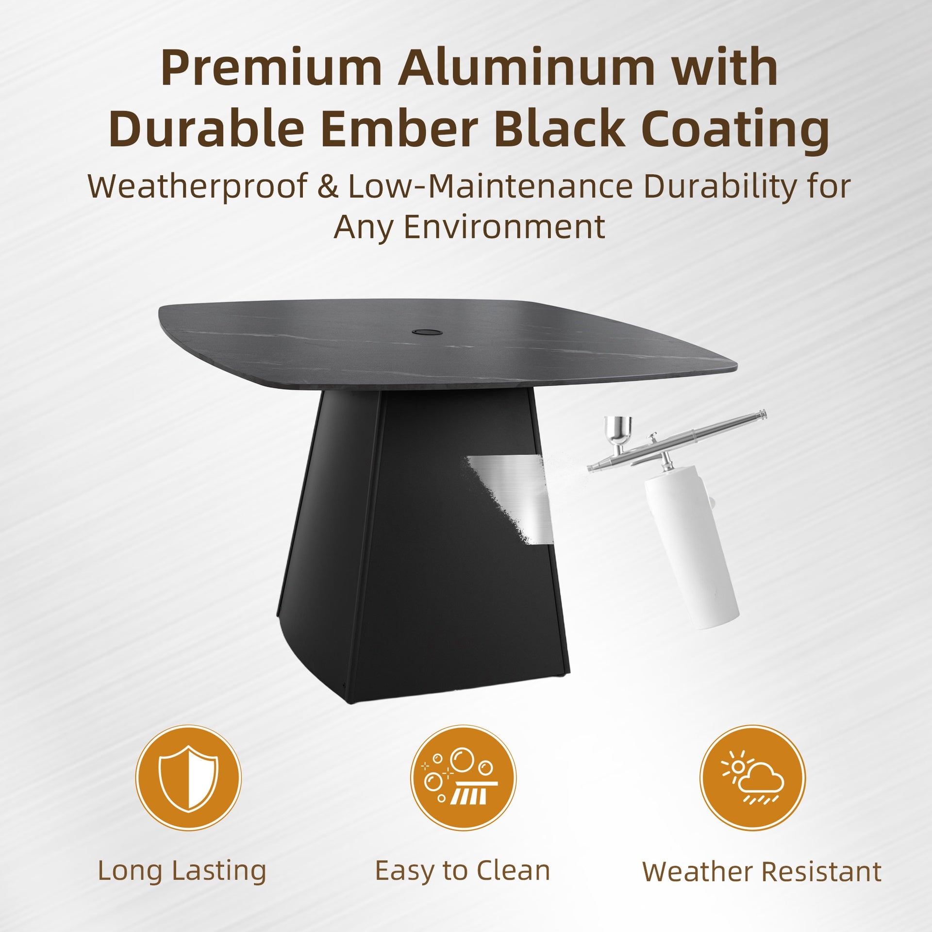 Modern 44" Rounded Square Outdoor Pedestal Dining Table, Black Sintered Stone Top, Flared Pyramid Aluminum Pedestal Base, Weather-Resistant, Rust-Free, for Patio, Deck, Poolside, Balcony – Seats 4