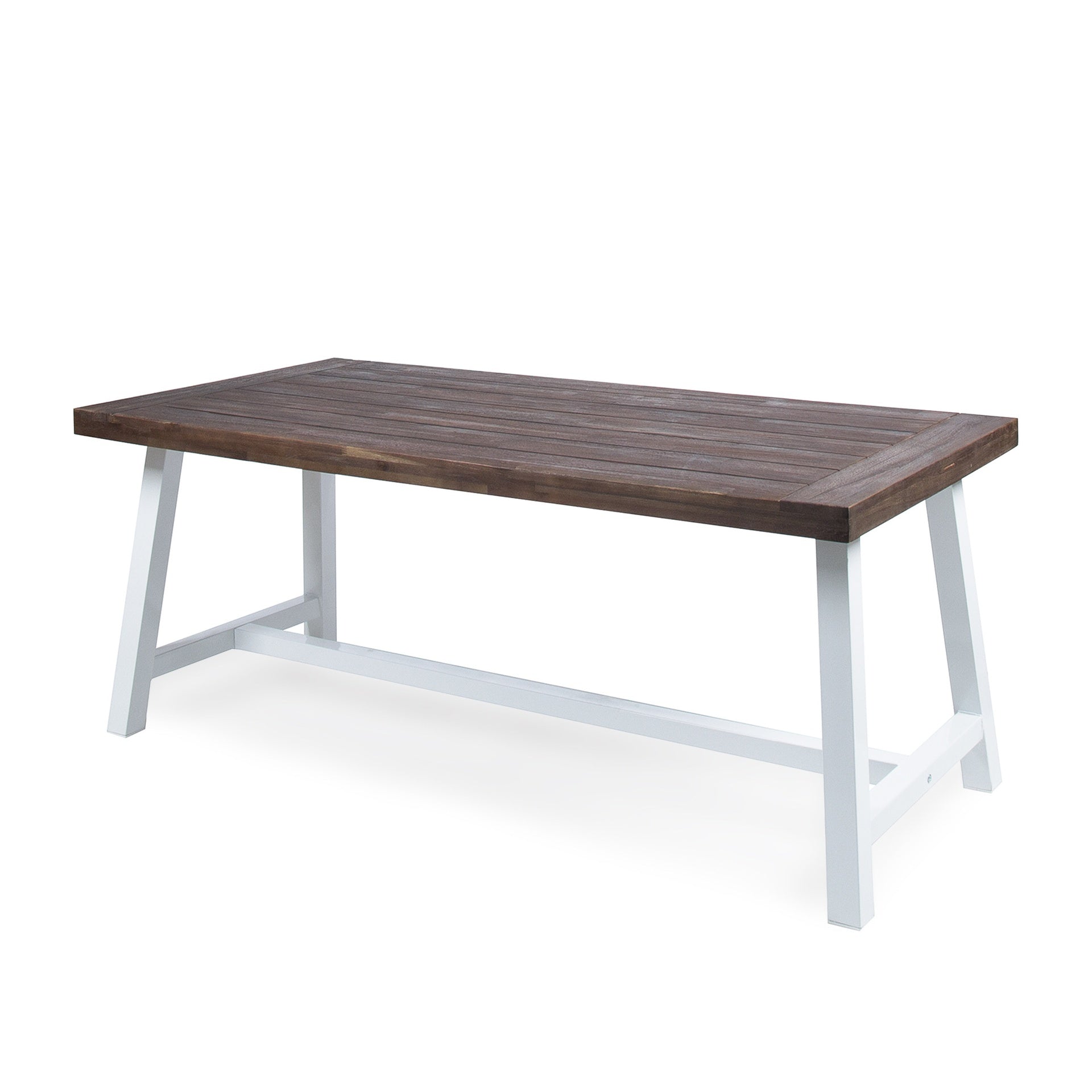 Outdoor Dark Brown Sandblast Finish Acacia Wood Dining Table with White Rustic Metal Finish Frame