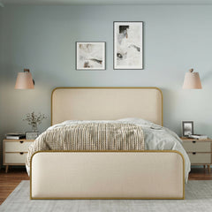 Gold Modern Metal Bed Frame with Curved Upholstered Headboard and Footboard Bed with Under Bed Storage, Heavy Duty Metal Slats, Queen Size, Beige