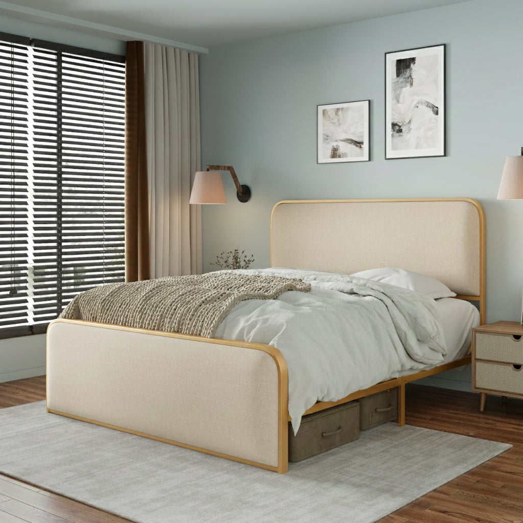 Gold Modern Metal Bed Frame with Curved Upholstered Headboard and Footboard Bed with Under Bed Storage, Heavy Duty Metal Slats, Queen Size, Beige