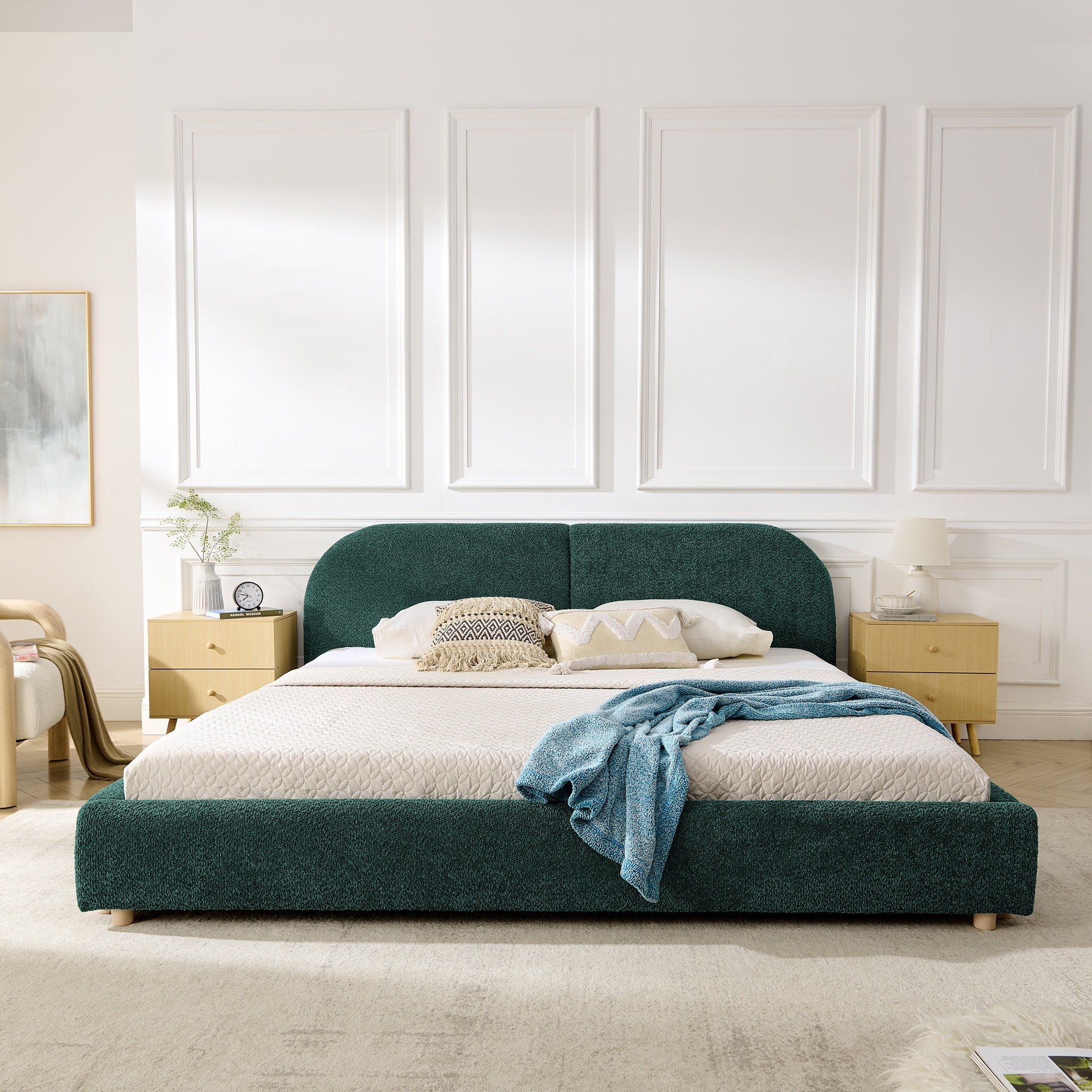 King Size Upholstered Bed Frame, Modern Minimalist Style with Tall Curved Headboard, Premium Circle Yarn Fabric & Sturdy Leg Support, Mattress Not Included-Green