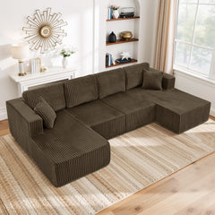 U-Shaped Modular Sectional Sofa [SIZE UPGRADED], Modern Minimalist Corduroy Compressed Sleeper Couch, Extra Spacious Design for Living Room/Bedroom, Comfy Space-Saving Sofa-Brown