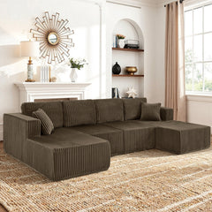 U-Shaped Modular Sectional Sofa [SIZE UPGRADED], Modern Minimalist Corduroy Compressed Sleeper Couch, Extra Spacious Design for Living Room/Bedroom, Comfy Space-Saving Sofa-Brown