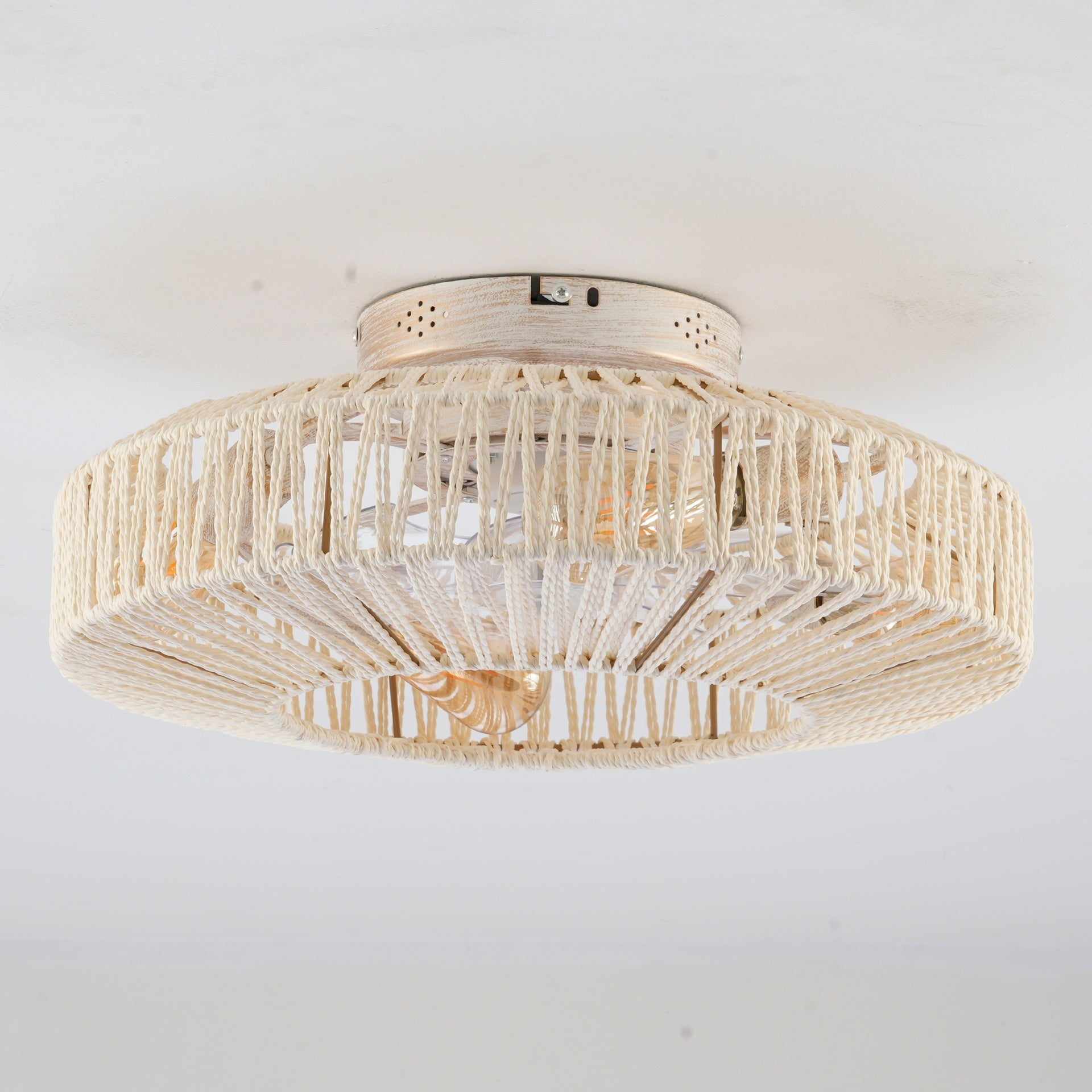 20"  Rope Caged Ceiling Fans with  Remote,  Flush Mount Ceiling Fan with Light, Low Profile Chandelier 6 Speed DC Motor Reversible Ceiling Fan For  Living Room Bedroom.--NOT INCLUDED BULBS-Matte White