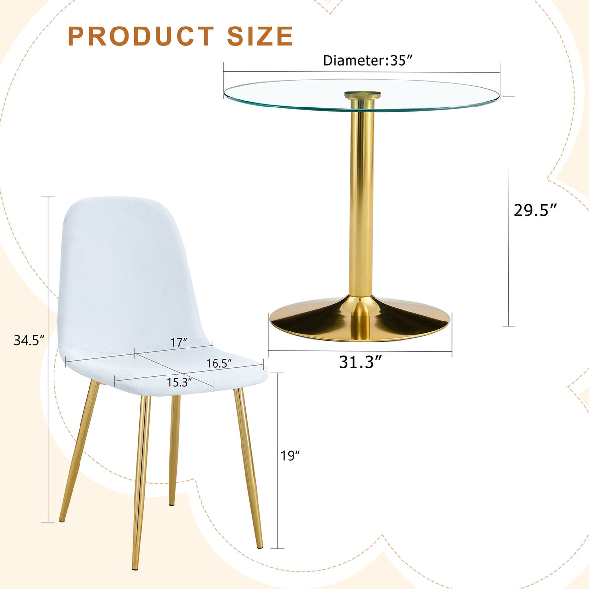 Table and chair set.A 35" Transparent Tempered Glass Round Dining Table-Gold Metal Bracket and Base.Paired with 4 White Linen-Cotton Material High Resilience Dining Chair with Metal Golden Leg.