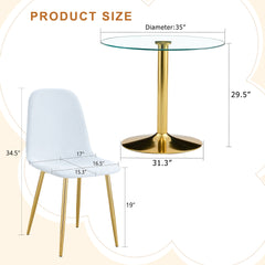 Table and chair set.A 35" Transparent Tempered Glass Round Dining Table-Gold Metal Bracket and Base.Paired with 4 White Linen-Cotton Material High Resilience Dining Chair with Metal Golden Leg.