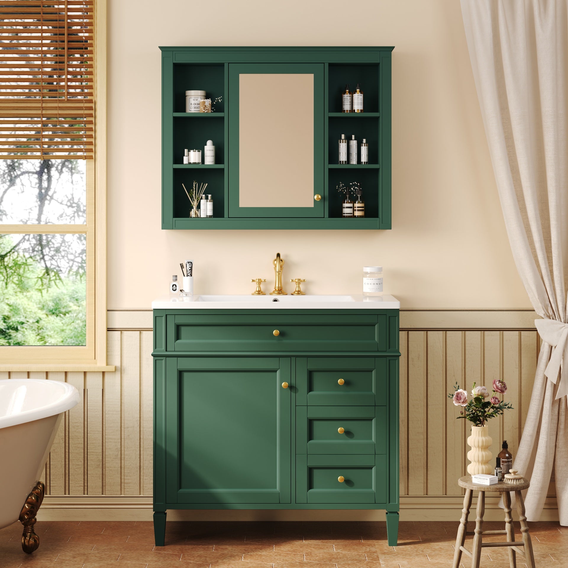 36'' Bathroom Vanity with Top Sink, Modern Bathroom Storage Cabinet with Mirror, 2 Drawers and a Tip-out Drawer, Mirror Cabinet with 6 Open Shelves, Single Sink Bathroom Vanity