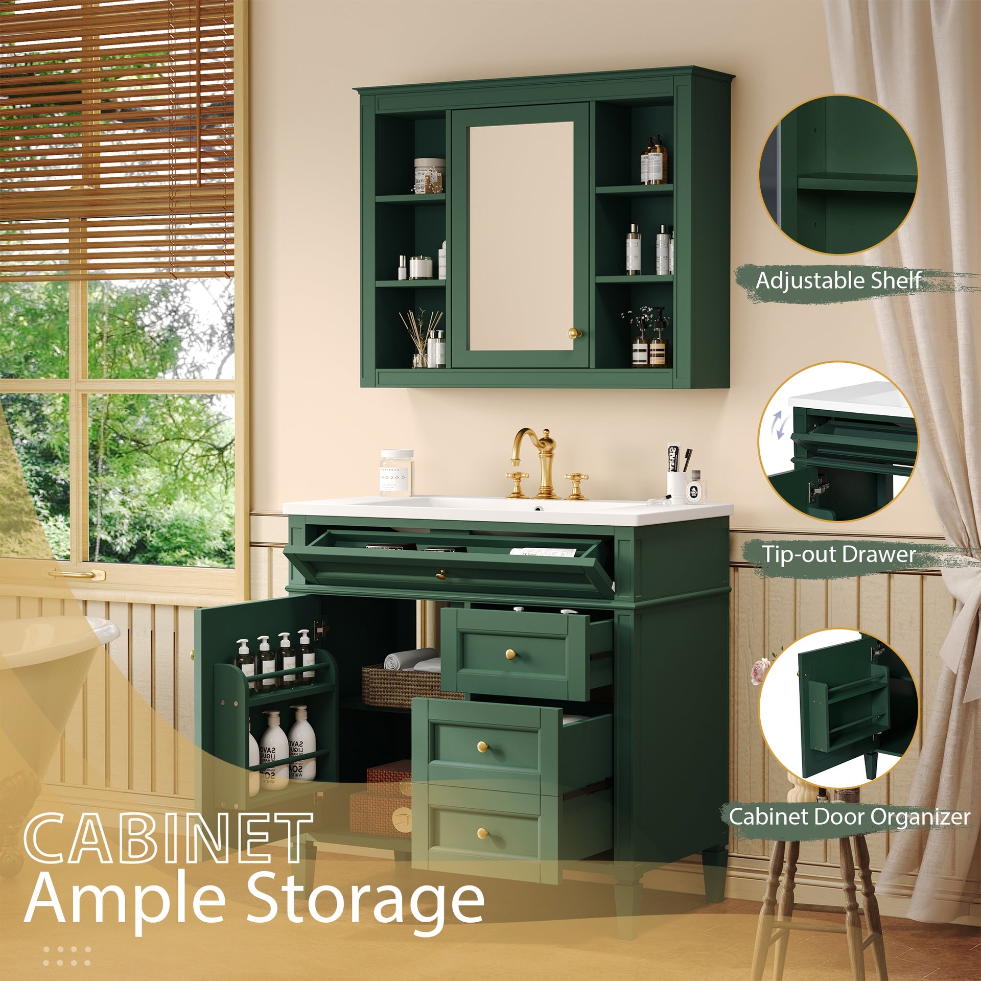 36'' Bathroom Vanity with Top Sink, Modern Bathroom Storage Cabinet with Mirror, 2 Drawers and a Tip-out Drawer, Mirror Cabinet with 6 Open Shelves, Single Sink Bathroom Vanity