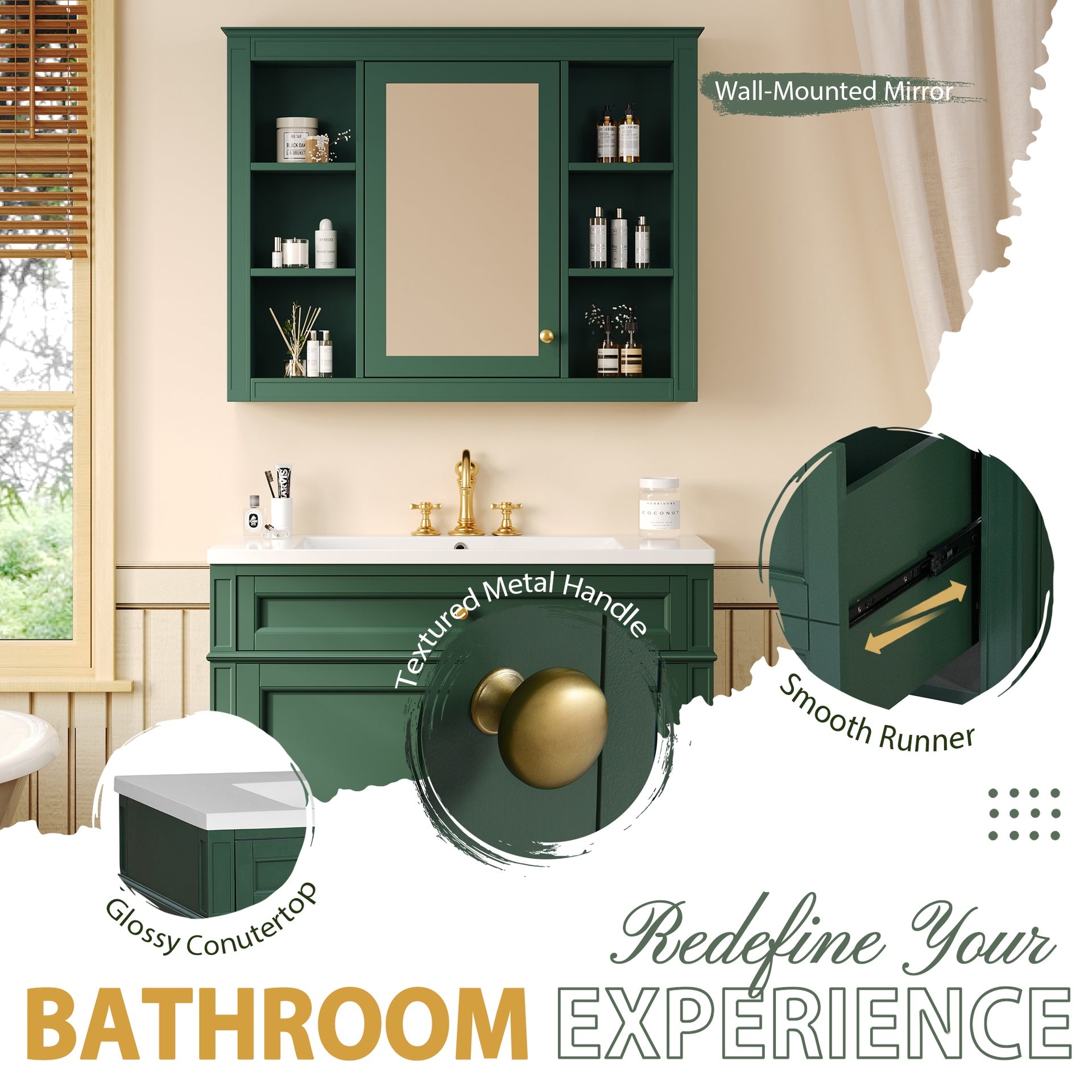 36'' Bathroom Vanity with Top Sink, Modern Bathroom Storage Cabinet with Mirror, 2 Drawers and a Tip-out Drawer, Mirror Cabinet with 6 Open Shelves, Single Sink Bathroom Vanity